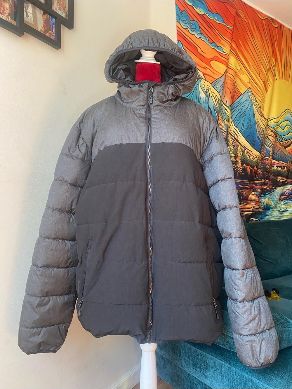 Champion Men’s Hooded Two-Tone Puffer Jacket - Black and Gray